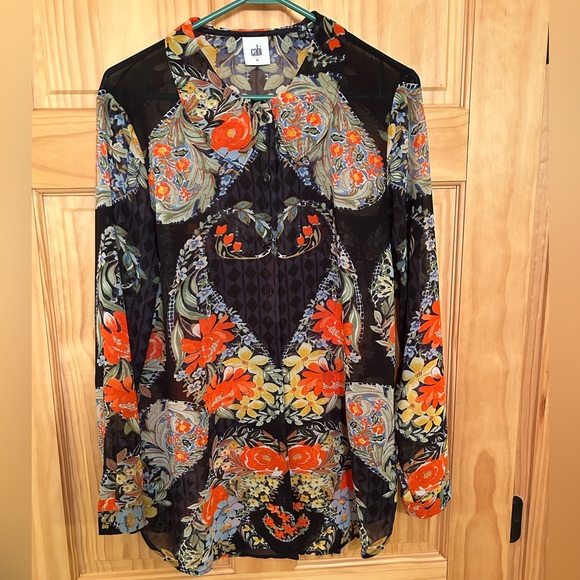 CAbi Tops - CAbi Black Blouse with Orange & Yellow Floral Print